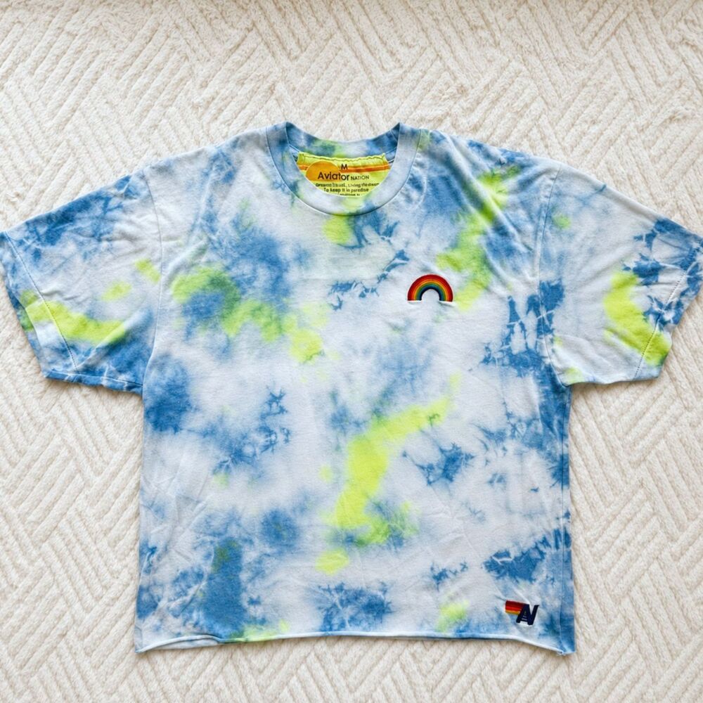Aviator Nation Women's Rainbow Tie Dye Tee Shirt Medium Cropped USA Made